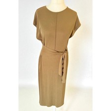 Primark Edit Khaki Midi Dress Size L UK 14/16 Belted Waist Short Sleeve Casual