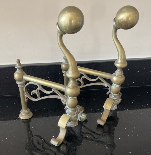 Antique brass fire dogs pair - dogs,