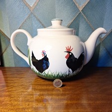 Large Griselda Hill Pottery Wemyss Ware Black Cockerel and Chicken Teapot 28cm
