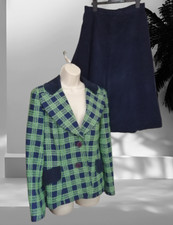 Vintage Mark Stevens Tweed Blue Green Corduory Jacket & Blue Skirt Suit Small