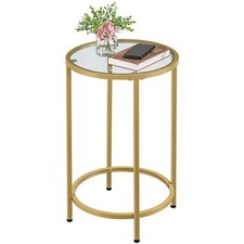 Round Side Table with Glass Top, Gold End Table with Metal Frame for Living Room