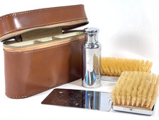 Vintage Men's Travel Grooming Kit in Leather Case Brushes Mirror Vanity Shaving 