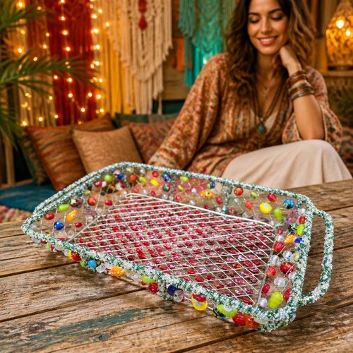Vtg beaded wire basket - vtg, tray