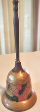 Vintage Brass Hand Bell Enameled Floral Design Clacker Made in India 8" tall MCM