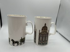 HARRODS:  2 x Bone China Mugs (Horse & Carriage + Building) - Excellent