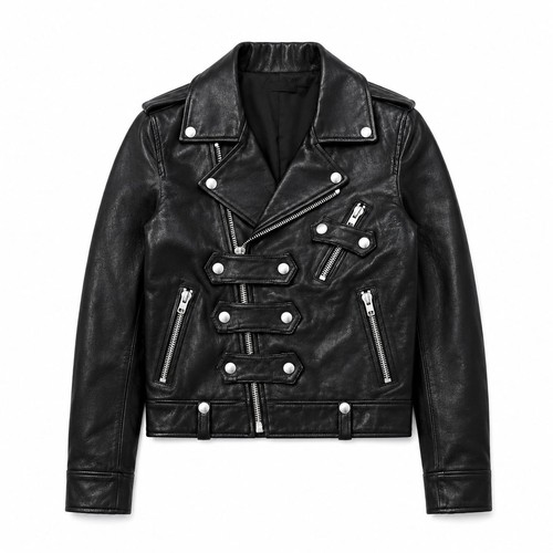 Women black leather biker - black,