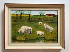 Charming Vintage Oil Painting Naive Sheep In Landscape Signed Framed