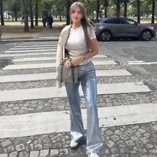 ZARA WOMAN SS23 MID-BLUE STRAIGHT MID-RISE METALLIC JEANS Z1975 UK 12 6164/186