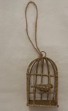Set Of 3 Golden Bird Cages Christmas Decoration Ornament Small Bird Glittering