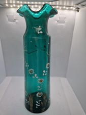 Bohemian  Vase Teal Colour Ruffled Rim, Hand Painted