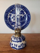 Vintage Japanese Blue Willow Decorative Oil Lamp With Reflector