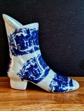 RARE FIND Victoria Ware Blue & White Landscape Design Ceramic Boot Vase