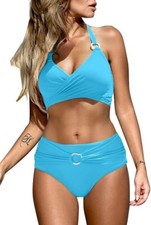 Women’s Halterneck Bikini Set High Waisted Two Piece Swimsuit Padded Blue Size S