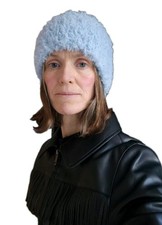 Handmade Headband Handknitted Blue Fuzzy Yarn Faux Fur hat ear muffs NEW