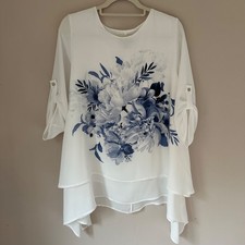 Saloos Womens Blouse 14 White Blue Floral Chiffon