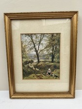 Vintage Framed Countryside Print – Shepherdess with Sheep – Pastoral Rural Scene