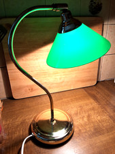 VINTAGE SWAN NECK BRASS DESK TABLE LAMP with GREEN GLASS LAMPSHADE