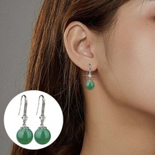 Round Green Jade Pendant 925 Sterling Silver Cubic Zirconia Drop Dangle Earrings