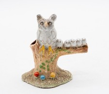 Vintage Basil Matthews Pottery Gray Owl & 5 Baby Owlets on Tree Trunk Figurine
