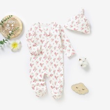 Rose Blossom Floral Organic Cotton Baby Girls Zip Babygrow Sleepsuit & Hat Set