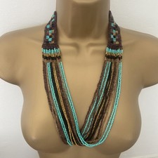 Purple Green Gold Woven Seed Bead Necklace Multi-Strand Boho Festival Drape Trib