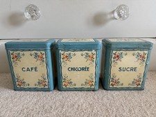 3 x Vintage French Storage Tins Cafe Sucre Chicoree Rustic