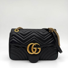 Gucci GG Medium Marmont Flap Bag in Black Chevron Leather and Gold Hardware
