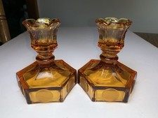 Vintage Fostoria Coin Glass Amber Candlestick Holders Candlesticks 1958-1982 MCM