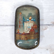 Vintage Hand Painted Russian Lacquer Box Church Palekh Trinket Mother of Pearl