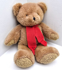 Classic Brown Plush Teddy Bear Soft Toy With Red Knit Scarf Stuffed Animal Seate