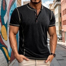 Mens Henley Casual T-Shirt Grandad Summer Short Sleeve Button Solid Tops UK