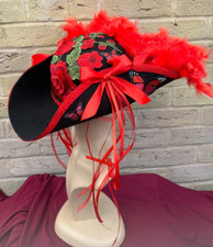 Unisex Black Red Fancy Tricorn Pirate Hat Renaissance Feathers 57cm (10)