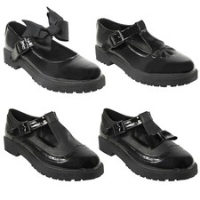 GIRLS SCHOOL SHOES KIDS WOMENS FLAT LOW LOAFERS BOW WORK T BAR GRIP DOLLY PUMPS