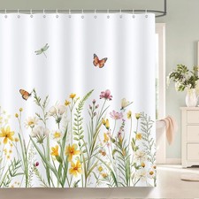 Floral Shower Curtain 180x180cm With 12 Hooks-Yellow White Wildflower-Waterproof