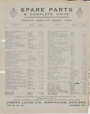 Humber 16/60HP 1934 Lucas Spare Parts List Single Sheet NOT ILLUSTRATED