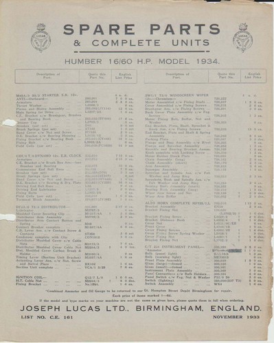 Humber 60hp 1934 - 16/60hp, lucas