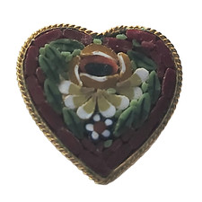 Little Vtg Micro Mosaic Italy Heart Rose  Pin Brooch
