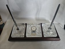 Vintage Waterford Crystal 2 Pen Executive Desk Set With Clock On Mahogany Base