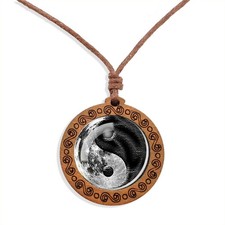 Boho Yin Yang Wooden Pendant Necklace Men's Women's Jewellery 45cm - 86cm