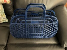Vintage Blue Plastic Jelly Basket Shopping Hand Bag Retro Chic Prop Display Tote