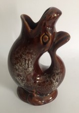 Kernewek Pottery Goonhavern Cornwall Vintage Seal Glug Jug Gurgle Brown 7"