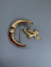 Vintage Gold Tone  AJC Cherub Swinging From Crescent Moon Brooch Pin