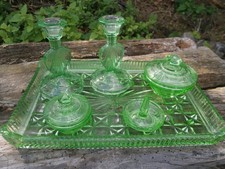 6 PIECE VINTAGE 1930s ART DECO URANIUM GREEN GLASS DRESSING TABLE SET