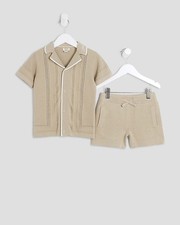 River Island Mini Boys 2 Piece Set Beige Textured Stripe Detail Polo & Shorts
