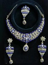 BLUE & GOLD INDIAN COSTUME JEWELLERY 4 PIECE NECKLACE SET BOLLYWOOD ETHNIC WEAR 