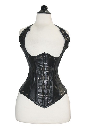 Black real leather corset - black,