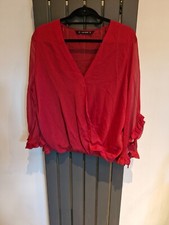 Zara. Red Semi Sheer Blouse Top.Ruffle Sleeve Trim. Size XL. New without tags.