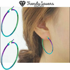 Rainbow Oxidized Large Plain Circle Huggie Hinged Big Round Hoop Earrings Women
