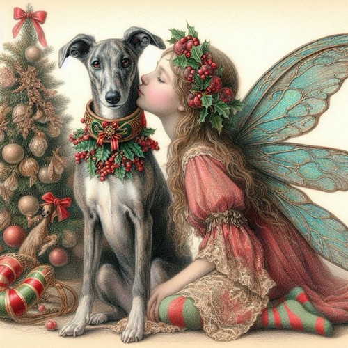 Christmas fairy and greyhound - and,