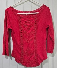Free People Wide Boat Neck Lace Details Boho Quarter Sleeve Red Blouse Size MED
